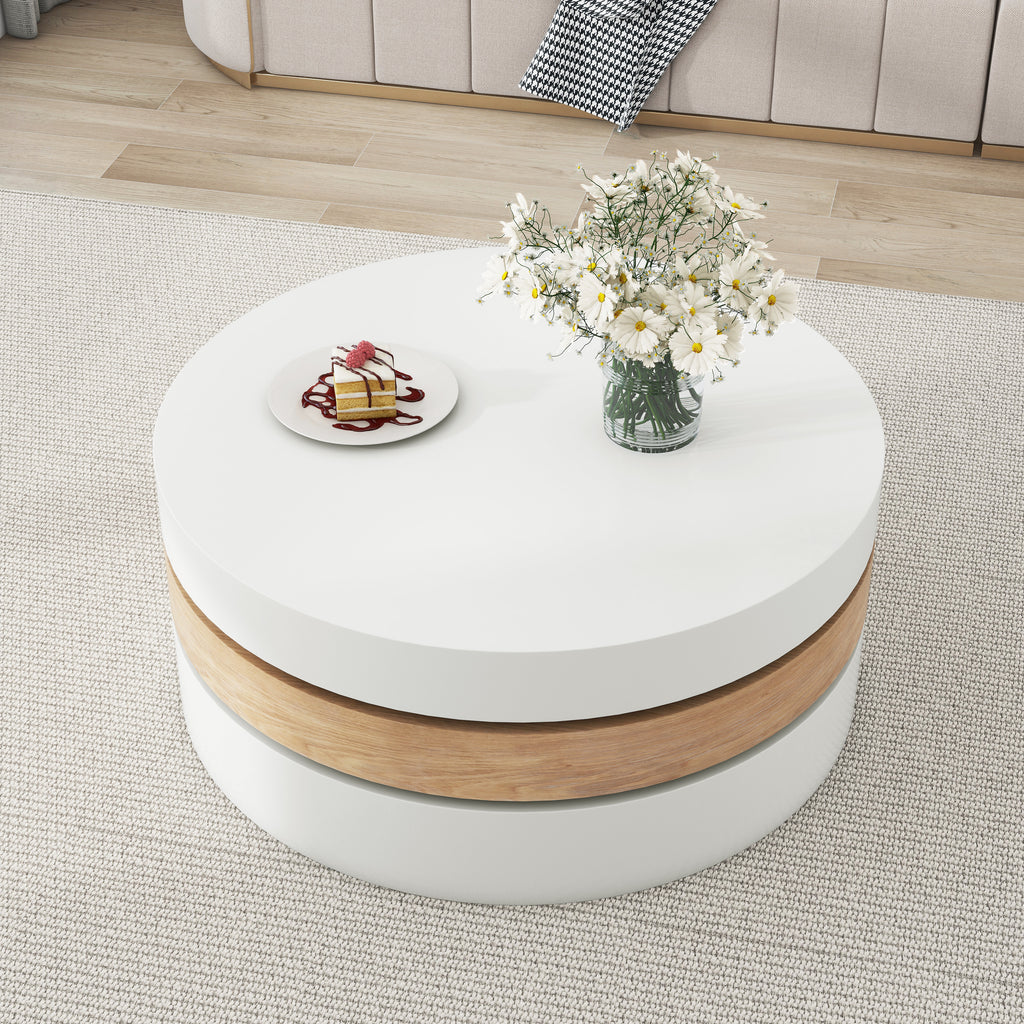 Round 360° Rotating Coffee Table – 3‑Layer Hidden Storage, White/Wood 60×60×35cm