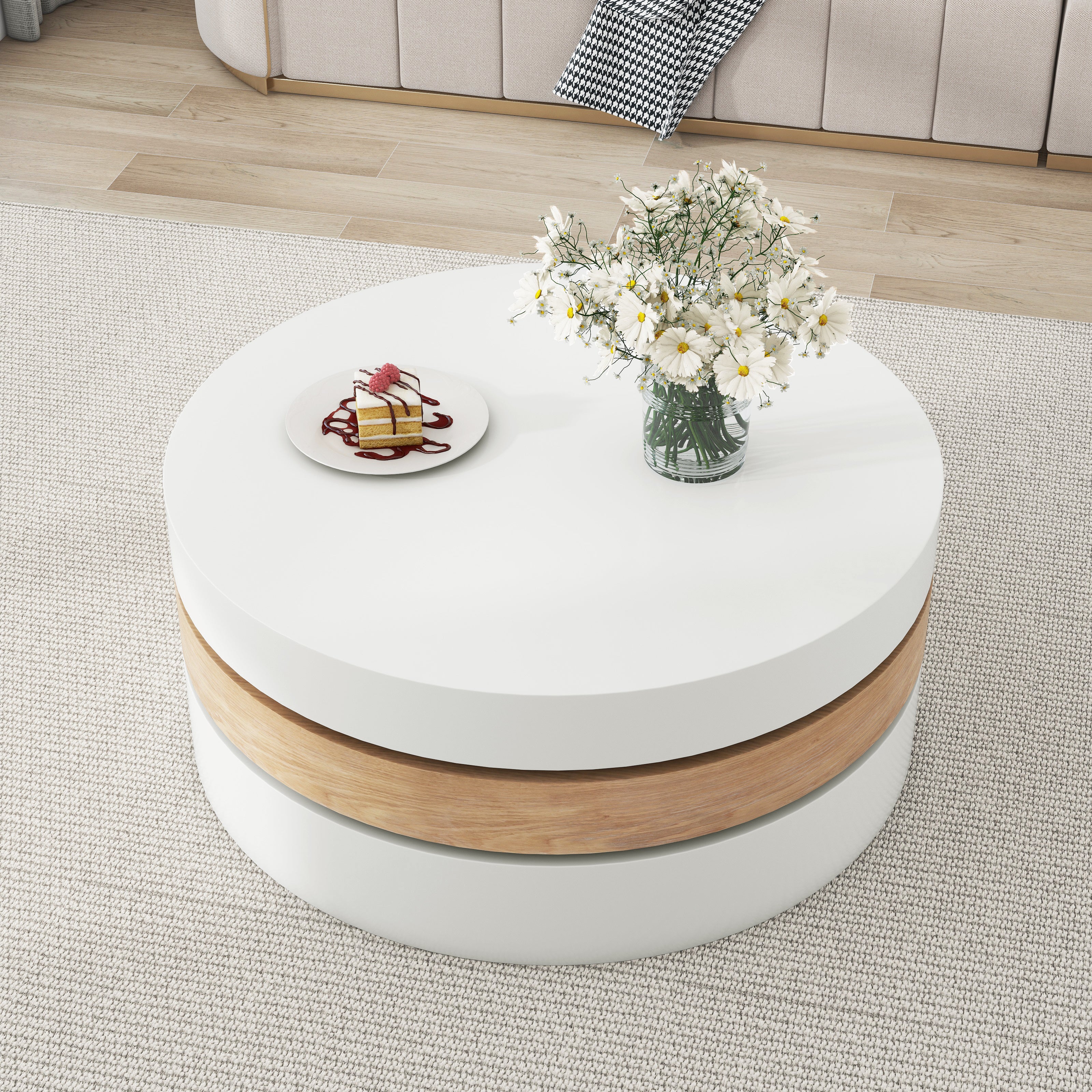 Round 360° Rotating Coffee Table – 3‑Layer Hidden Storage, White/Wood 60×60×35cm